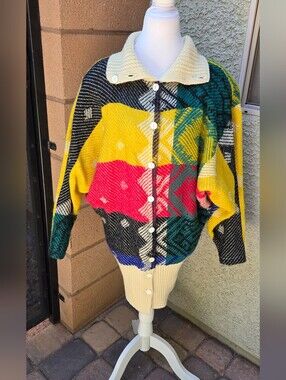 Gil Aimbez 80's Vintage Colorblock Button-Up Knit Wool Sweater